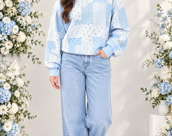 Sudadera vintage con estampado patchwork y hombros caídos - Top retro azul crema
