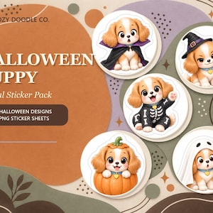 Pode incluir: Um pacote de adesivos digitais com designs de filhotes de Halloween. O texto diz: THE COZY DOODLE CO. HALLOWEEN PUPPY Digital Sticker Pack 36 HALLOWEEN DESIGNS 4 PNG STICKER SHEETS. Cinco adesivos circulares mostram filhotes vestidos de vampiro, bruxa, esqueleto, abóbora e fantasma.