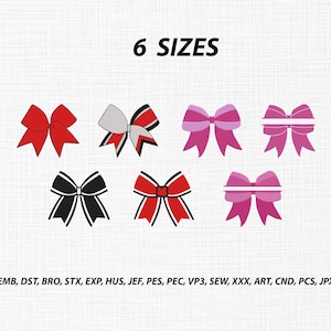 May include: A digital collection of seven bow designs in various colors including red, black, white, and pink. The text 6 SIZES appears at the top, and a list of file formats including EMB, DST, BRO, STX, EXP, HUS, JEF, PES, PEC, VP3, SEW, XXX, ART, CND, PCS, JPX is at the bottom.
