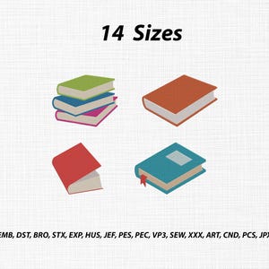 May include: A digital embroidery design set featuring four distinct book illustrations: a stack of three books in green, blue, and pink; a single orange book; a red book; and a teal book with a bookmark. Text reads 14 Sizes and file formats.