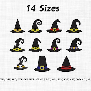 Puede incluir: Una colección digital de 14 tamaños de diseños de sombreros de bruja negros para bordado. El gráfico presenta varias formas de sombreros con bandas coloridas, hebillas, estrellas y un icono de calavera. El texto incluye 14 Sizes y los formatos de archivo EMB, DST, BRO, STX, EXP, HUS, JEF, PES, PEC, VP3, SEW, XXX, ART, CND, PCS, JPX.