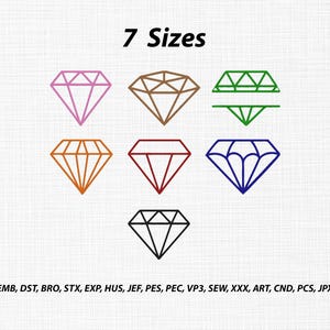 Może przedstawiać: Cyfrowa grafika z napisem 7 Sizes u góry oraz siedmioma ikonami diamentów w kolorach różowym, brązowym, zielonym, pomarańczowym, czerwonym, niebieskim i czarnym. Na dole znajduje się tekst EMB, DST, BRO, STX, EXP, HUS, JEF, PES, PEC, VP3, SEW, XXX, ART, CND, PCS, JPX.