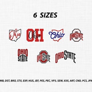 Puede incluir: Una colección de siete diseños de bordado con temática de Ohio State que presentan varias fuentes y logotipos en rojo, blanco, negro y azul. El texto 6 SIZES aparece en la parte superior, y una lista de formatos de archivo incluyendo EMB, DST, BRO, STX, EXP, HUS, JEF, PES, PEC, VP3, SEW, XXX, ART, CND, PCS, JPX está en la parte inferior.