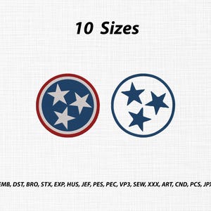 May include: Two circular embroidery designs featuring three white stars on a blue background. The left design has a red border, while the right design has a blue border. The text 10 Sizes appears at the top, and file formats are listed at the bottom.