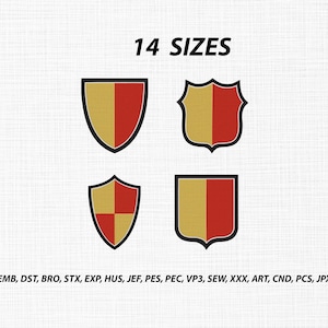 Pode incluir: Quatro desenhos de bordado em forma de escudo em vermelho e dourado com contornos pretos. O texto 14 SIZES aparece no topo, e o texto EMB, DST, BRO, STX, EXP, HUS, JEF, PES, PEC, VP3, SEW, XXX, ART, CND, PCS, JPX está listado na parte inferior.
