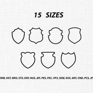 Puede incluir: Una colección digital de siete formas de escudo distintas con contorno negro dispuestas en dos filas. El texto 15 SIZES aparece en la parte superior, y el texto EMB, DST, BRO, STX, EXP, HUS, JEF, PES, PEC, VP3, SEW, XXX, ART, CND, PCS, JPX está abajo.