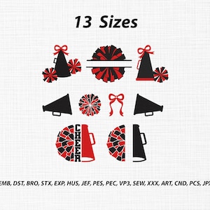 Pode incluir: Um conjunto de designs de bordado digital com gráficos de líderes de torcida em preto e vermelho. Inclui megafones, pompons, laços e um design dividido com o texto 13 Sizes e formatos de arquivo EMB, DST, BRO, STX, EXP, HUS, JEF, PES, PEC, VP3, SEW, XXX, ART, CND, PCS, JPX.