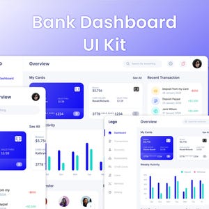 May include: A digital Bank Dashboard UI Kit featuring multiple screen layouts with blue and white color schemes. The interface displays credit card details, transaction histories, bar charts for weekly activity, and pie charts for expense statistics.