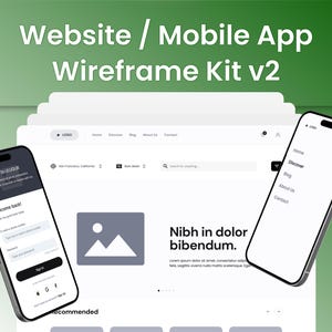 Könnte beinhalten: Ein digitales Design-Kit mit dem Titel Website / Mobile App Wireframe Kit v2, das einen Stapel von Website-Layouts und zwei Smartphone-Bildschirme mit Anmeldeoberflächen und Navigationsmenüs sowie Platzhaltertext und Symbolen zeigt.
