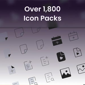 Peut inclure: Un affichage graphique numérique présentant le texte Over 1,800 Icon Packs en police blanche sur un fond dégradé violet foncé. Sous le texte, une collection de diverses icônes de contour noires et gris clair représentant des documents et images.