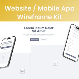 Könnte beinhalten: Ein Website- und Mobile-App-Wireframe-Kit mit zwei Smartphone-Mockups, die Interface-Layouts mit Lorem-Ipsum-Platzhaltertext, Schaltflächen und Bildsymbolen vor einem weißen Hintergrund mit Goldverlauf zeigen.