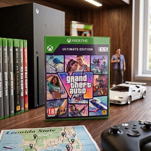 Puede incluir: Una caja de videojuego Grand Theft Auto VI Ultimate Edition para Xbox One y Xbox Series X|S. La portada presenta un collage de personajes, un helicóptero, una motocicleta, un coche deportivo, un barco y un flamenco, con el título en el centro.