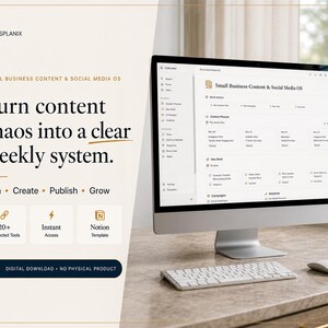 Op de afbeelding: Een computermonitor met een Notion-sjabloon voor Small Business Content & Social Media OS, met de tekst Turn content chaos into a clear weekly system, Plan, Create, Publish, Grow, 20+ Connected Tools, Instant Access en Digital Download.