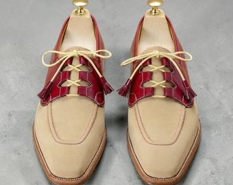 Men’s Handmade Leather Dress Shoes, Burgundy Tassel Loafers, Beige Leather Lace Up Oxfords,