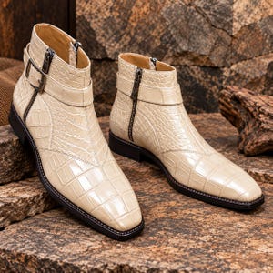 Handmade Crocodile Embossed Leather Ankle Boots, Zip Chelsea Style Dress Boots