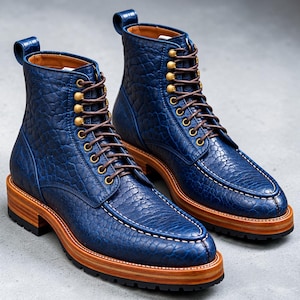Handmade Royal Blue Crocodile Embossed Leather Boots, Lace-Up Moc Toe Dress Boots