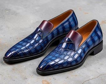 Mocasines de piel azul con estampado de cocodrilo hechos a mano, elegantes zapatos de vestir sin cordones.
