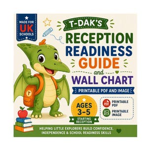 Op de afbeelding: Een T-Dak's Reception Readiness Guide en wandkaart als printbaar PDF en afbeelding voor 3- tot 5-jarigen. De afbeelding toont een groene cartoon-dinosaurus met een oranje rugzak, een rode appel op boeken en tekst over schoolvaardigheden.