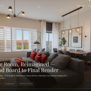 May include: A living room interior design service advertisement featuring a gray sectional sofa with red throw pillows, a wooden dining table with gray chairs, pendant lighting, and white window shutters with the text Your Room, Reimagined.