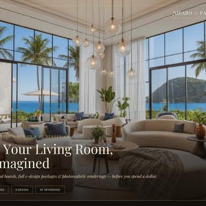 May include: A luxury living room interior design rendering featuring curved beige sofas, a round ottoman with a throw blanket, and a cluster of glass pendant lights. Large floor-to-ceiling windows overlook a tropical ocean view with palm trees.