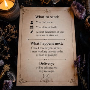 May include: A rectangular parchment-style card with black text detailing order instructions. It lists requirements including full name, date of birth, and a question description, followed by sections titled What happens next and Delivery via Etsy messages.