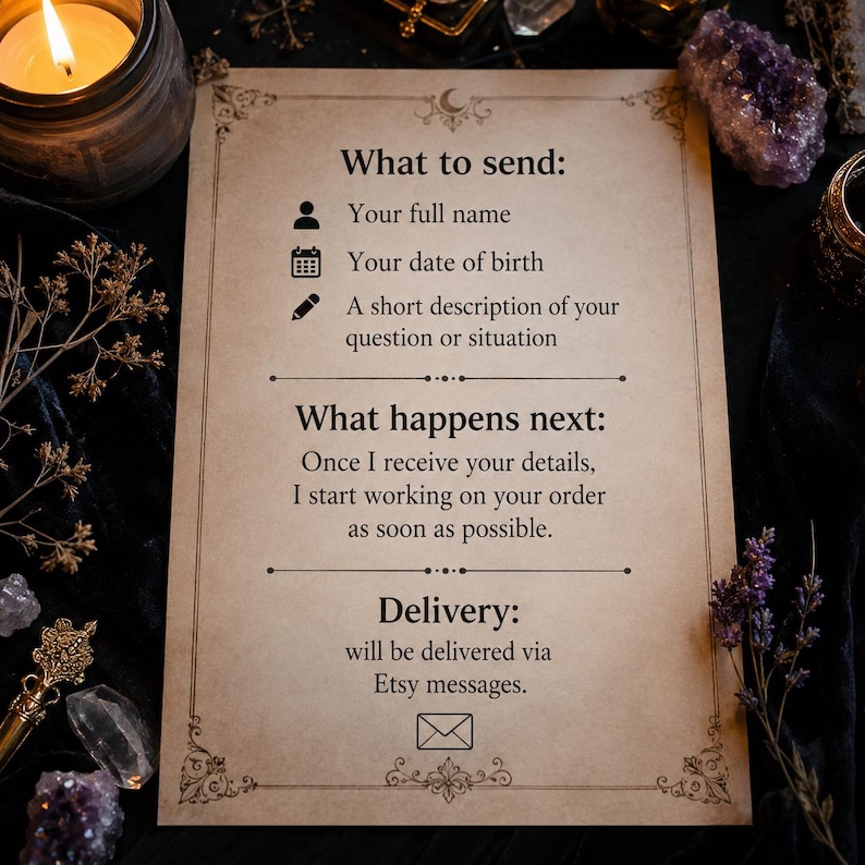 May include: A rectangular parchment-style card with black text detailing order instructions. It lists requirements including full name, date of birth, and a question description, followed by sections titled What happens next and Delivery via Etsy messages.