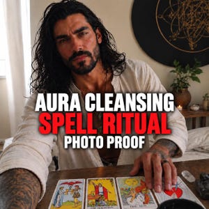 Puede incluir: Una persona con cabello largo y oscuro y barba, vistiendo una camisa de lino beige, situada tras una mesa de madera con cuatro cartas de tarot. El texto AURA CLEANSING SPELL RITUAL PHOTO PROOF aparece superpuesto en letras blancas y rojas.