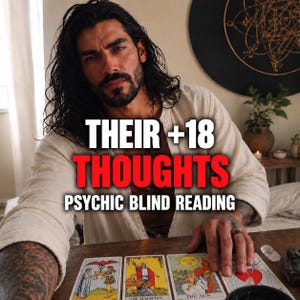 Może przedstawiać: Osoba z długimi ciemnymi włosami i tatuażami na ramionach siedzi przy stole z czterema rozłożonymi kartami tarota. Tekst na obrazie brzmi THEIR +18 THOUGHTS PSYCHIC BLIND READING. Karty to Dwójka Kielichów, Mag, Słońce oraz Trójka Mieczy.