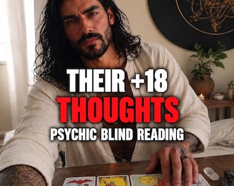 May include: A person with long dark hair and tattoos on their arms sits at a table with four tarot cards laid out. The text overlay reads THEIR +18 THOUGHTS PSYCHIC BLIND READING. The cards displayed are Two of Cups, The Magician, The Sun, and Three of Swords.