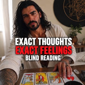 May include: A person with long dark hair and a beard wearing a beige shirt, positioned behind a wooden table with four tarot cards laid out. The text "EXACT THOUGHTS EXACT FEELINGS BLIND READING" is overlaid in white and red on the image.