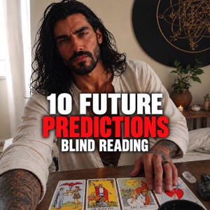 Könnte beinhalten: Eine Person mit langem dunklem Haar und Tätowierungen trägt ein beiges Leinenhemd und sitzt an einem Holztisch mit Tarotkarten. Der Text 10 FUTURE PREDICTIONS BLIND READING ist in Weiß und Rot überlagert. Vier Tarotkarten liegen auf dem Tisch.