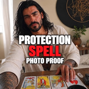 Könnte beinhalten: Eine Person mit langem dunklen Haar und Bart trägt ein beiges Hemd und sitzt hinter einem Holztisch, auf dem vier Tarotkarten ausgelegt sind. Der Text PROTECTION SPELL PHOTO PROOF ist in weißen und roten Buchstaben mittig über das Bild gelegt.