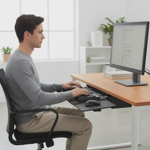 May include: A black sliding keyboard tray mounted under a light wood desk, featuring a dedicated platform for a black keyboard and a black computer mouse. The tray is positioned at a height that allows for typing while seated in a black office chair.