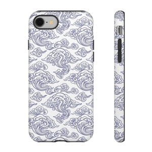 May include: A smartphone case featuring a repeating pattern of dark blue swirling clouds on a white background. The design covers the back and side of the case, showing the camera lens cutout and side button openings on the rectangular device.