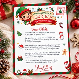 May include: A printed letter addressed to Olivia from an elf, featuring a cartoon elf illustration, a North Pole stamp, and festive icons including a snowman, candy cane, gingerbread man, and Santa Claus, all framed by a red and green striped border.