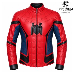Chaqueta de cuero roja y azul de Spider-Man para hombre, abrigo de motociclista con estampado de telaraña para cosplay.