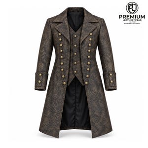 May include: A long brown coat with a snakeskin-like texture, featuring a double-breasted front with gold-toned buttons, a matching vest, and wide lapels. The garment includes a logo in the top right corner reading PREMIUM LEATHER WEAR.