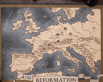 May include: A rectangular historical map titled The Reformation Post Tenebras Lux, depicting Europe with beige landmasses and dark blue seas. The map features mountain illustrations, regional labels, and a vertical column of eight circular portraits.