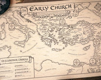 May include: A beige parchment-style map titled The Early Church, depicting the Mediterranean region with black ink illustrations of mountains, seas, and cities. It includes a list of the VII Ecumenical Councils and labels for Rome, Constantinople, Alexandria, Antioch, and Jerusalem.