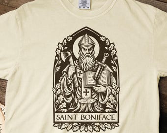 Bonifatius-T-Shirt | Handgezeichnete mittelalterliche christliche Kunst | Komfortfarben