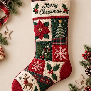 Könnte beinhalten: Ein gesteppter Weihnachtsstrumpf im Patchwork-Design mit roten, grünen und cremefarbenen Stoffquadraten. Das Bündchen zeigt den Schriftzug Merry Christmas mit Stechpalmen-Akzenten. Applikationen umfassen einen Weihnachtsstern, Baum und Rentier.