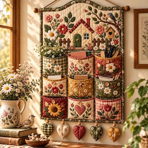 Op de afbeelding: Een gewatteerde wandorganizer met een huisje, bloemen, een vogelhuisje en negen vakken. Elk vak is versierd met bloemen-, ruitjes- of hartjespatronen en houten knopen. Vijf hartvormige ornamenten hangen aan de onderkant van de organizer.