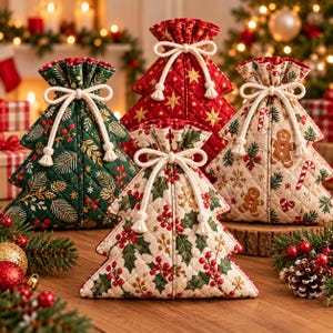 May include: Four quilted fabric gift bags shaped like Christmas trees. One is dark green with gold foliage, one is red with gold stars, one is cream with gingerbread men and candy canes, and one is cream with holly berries and leaves.