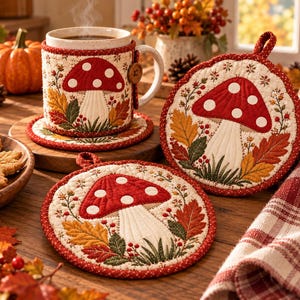 May include: A quilted mug cozy, a round coaster, and a round potholder, all featuring a red and white mushroom design with autumn leaves and berries on a cream background, finished with red and white polka dot fabric trim.