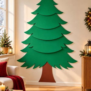 May include: A large, flat, wall-mounted Christmas tree decoration made of green layered segments with a brown trunk and a yellow star topper. The tree is constructed from multiple horizontal tiers that create a stylised, graphic silhouette.