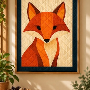 May include: A rectangular quilted wall hanging featuring a geometric fox illustration in shades of orange, red, and cream. The fox is centered on a cream background with a diamond-stitched pattern, framed by a dark blue border in a wooden frame.