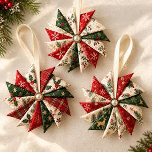 May include: Three circular fabric ornaments featuring folded triangular segments in red, green, and cream patterns of snowflakes, holly, and deer. Each ornament has a central faux pearl button and a cream ribbon loop for hanging on a tree.
