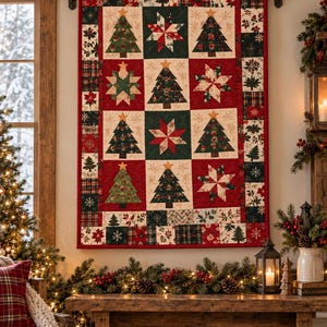 Peut inclure: Une courtepointe murale rectangulaire présentant un motif en patchwork de sapins de Noël et d'étoiles dans des tons de rouge, vert foncé et crème. La bordure se compose de petits carrés aux motifs floraux, écossais et de flocons de neige.