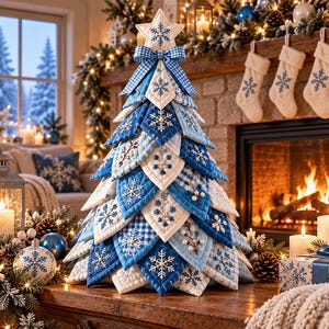Quilted Christmas Tree | Sewing Pattern PDF | Blue & White Winter Fabric Tabletop Tree | Snowflake Holiday Decor  | Full-Size Templates