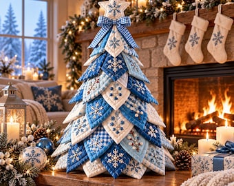 Peut inclure: Un sapin de Noël décoratif en tissu composé de panneaux matelassés en forme de losange superposés dans des tons bleu et blanc. L'arbre présente des motifs de flocons de neige brodés, des accents en tissu vichy et une étoile au sommet.